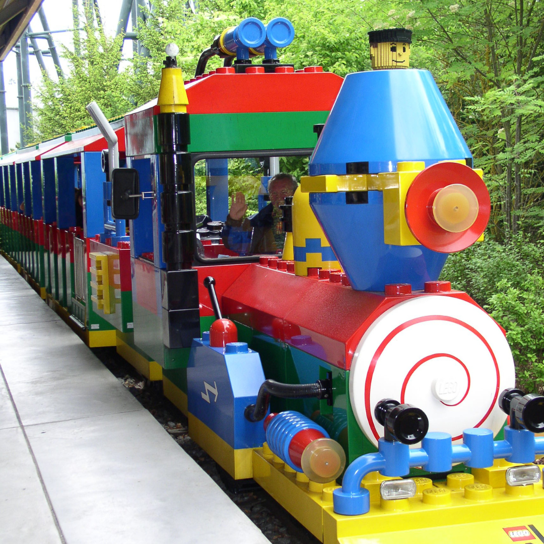 a colorful train at Legoland in New York